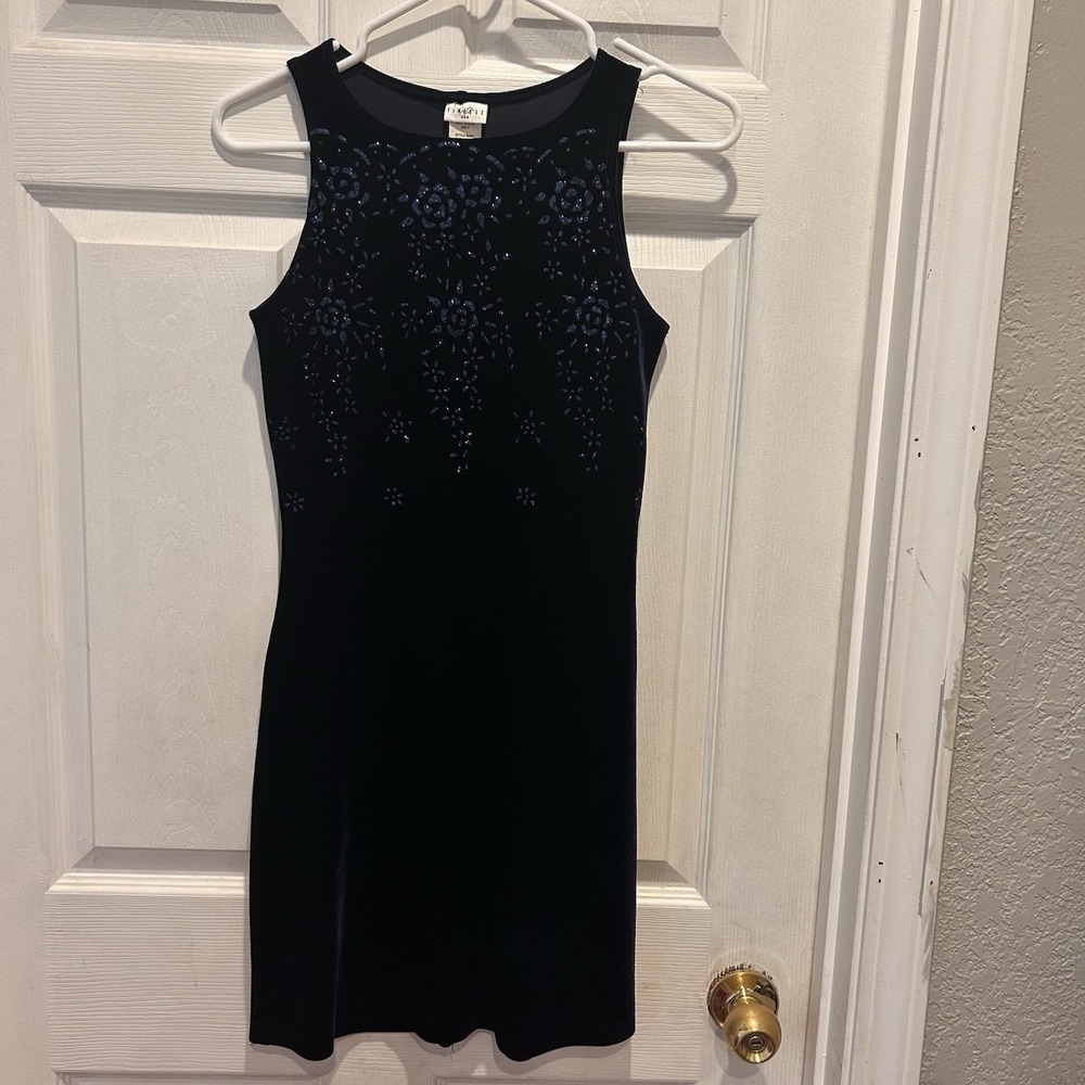 Finesse‎ USA Vintage 90s Navy Blue Velvet Glitter Floral Mini Dress Small y2k